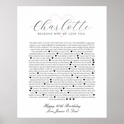 あなたについて愛している40のこと 誕生日記念 ポスト ポスター (正面)