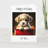 あなたにホリデーの幸せを | プレゼントボックスの中の可愛い子犬 シーズンカード (正面)
