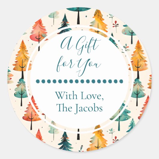 あなたに贈り物 | 水彩松の木クリスマス ラウンドシール (正面)