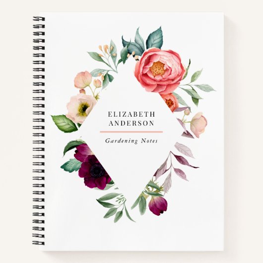 あなたのお名前を添えた、素朴なボヘミアンフラワーの水彩画 ノートブック (正面)
