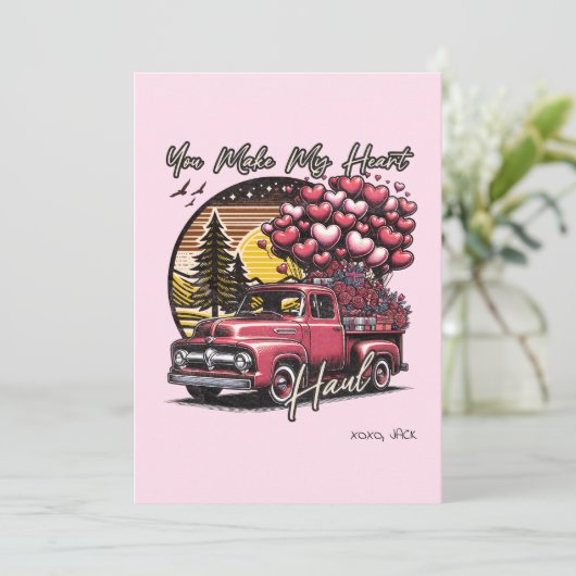あなたのために愛の気持ちを運ぶビンテージトラックのバレンタインデー シーズンカード (スタンド正面)
