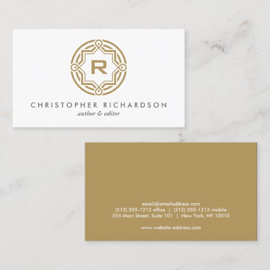 あなたのイニシャル金ゴールドと装飾円ロゴ 名刺 (正面/裏面)