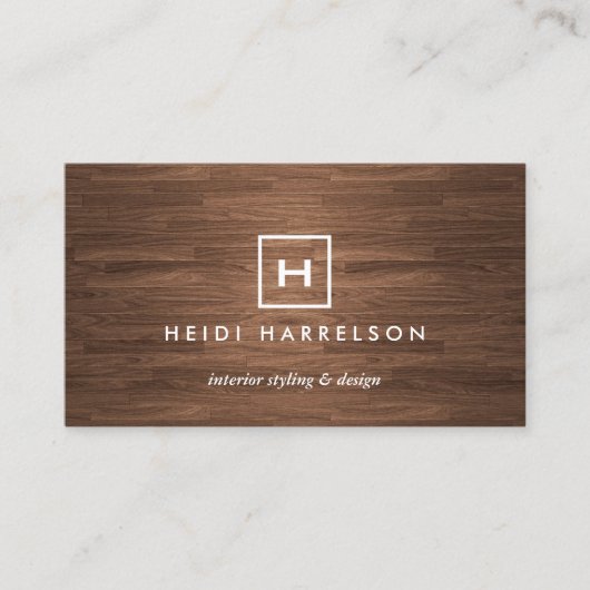 あなたのイニシャル/モノグラムブラウンウッドIIとボックスロゴ 名刺 (正面)