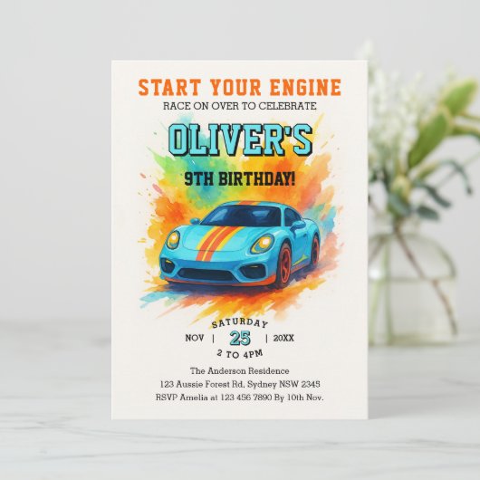 あなたのエンジンを開始かわいい水の色の誕生日パーティー 招待状 (スタンド正面)