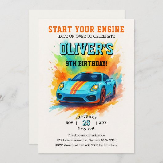 あなたのエンジンを開始かわいい水の色の誕生日パーティー 招待状 (正面/裏面)