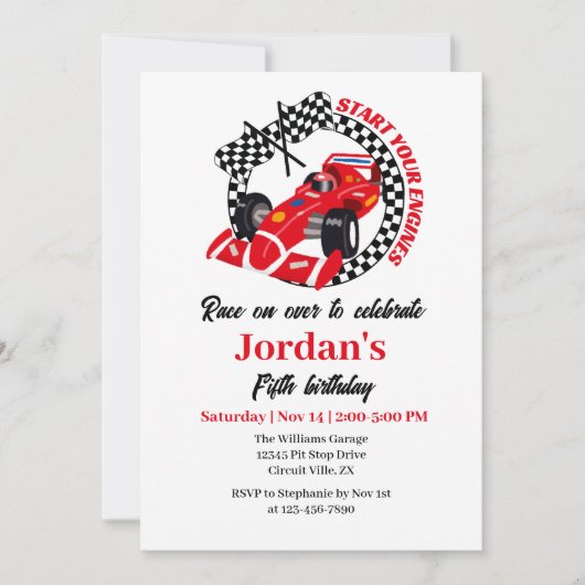 あなたのエンジンを開始する赤いレースカー任意の年齢誕生日 招待状 (正面)