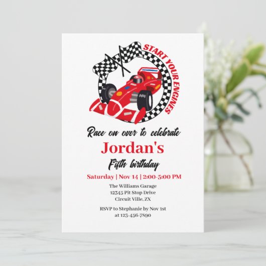 あなたのエンジンを開始する赤いレースカー任意の年齢誕生日 招待状 (スタンド正面)