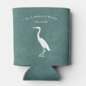 あなたのカスタム文字ティール(緑がかった色)ブルーヘロンエグレットシルエット 缶クーラー (裏面)