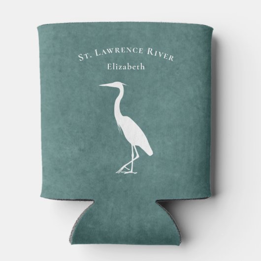 あなたのカスタム文字ティール(緑がかった色)ブルーヘロンエグレットシルエット 缶クーラー (裏面)