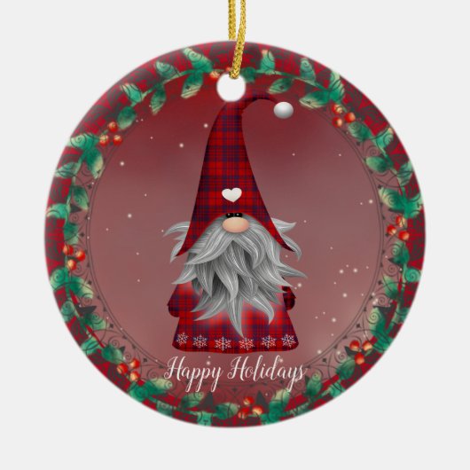 あなたのテキストかわいい赤い格子縞格言&スノーフレーク休日 セラミックオーナメント (正面)