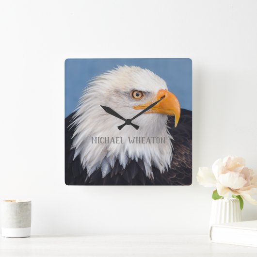 あなたのテキストとアメリカのハゲのワシ スクエア壁時計 (ホーム)