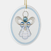 あなたのテキスト：青いフィリグリーのクリスマスの天使の信仰 セラミックオーナメント (右)