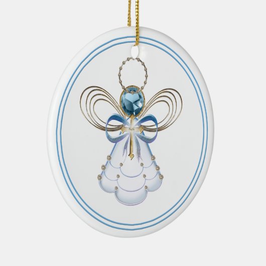 あなたのテキスト:青いフィリグリーのクリスマスの天使の信仰 セラミックオーナメント (右)