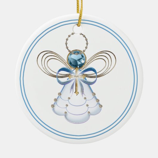 あなたのテキスト:青いフィリグリーのクリスマスの天使の信仰 セラミックオーナメント (正面)