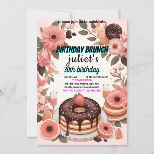 あなたのドーナツのパンケーキ大人のピンクのブランチ30th誕生日 招待状 (正面)