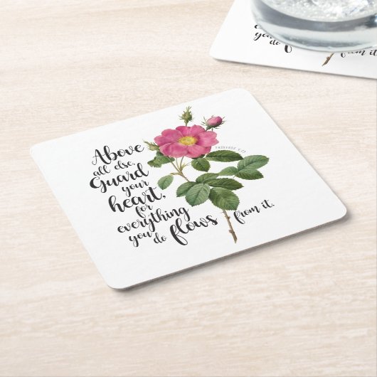 あなたのハートを守る – ヴィンテージバラ、箴言4:23 スクエアペーパーコースター (アングル)