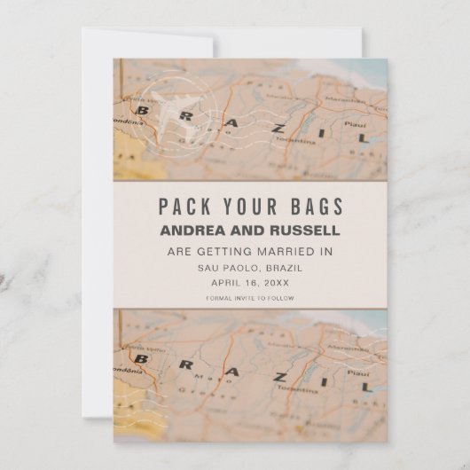 あなたのバッグをパックするブラジル地図の目的地の結婚式 セーブザデート (正面)