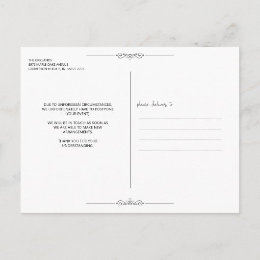 あなたのパーティーイベントは手書きスクリプトを延期した 案内ポストカード (裏面)