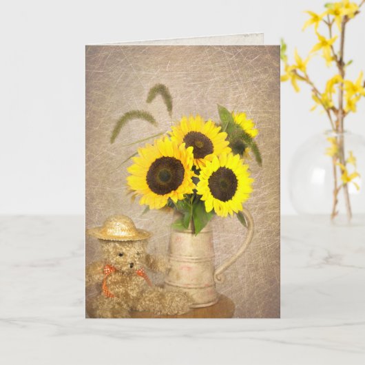あなたのヒマワリの花束そしてテディー・ベアの考えること カード (黄色い花)