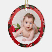 あなたのベビーの写真カスタムの赤いクリスマスのキャンディ セラミックオーナメント (左)