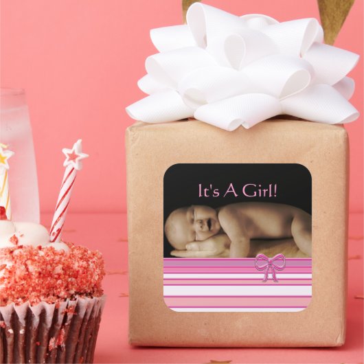 あなたのベビー写真とベビーガールのシール スクエアシール (パーティー)