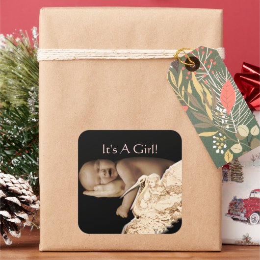 あなたのベビー写真とベビーガールのシール スクエアシール (クリスマス)