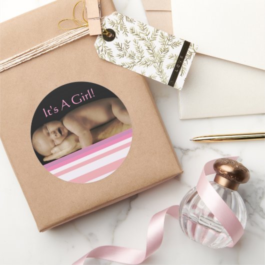 あなたのベビー写真とベビーガールのシール ラウンドシール (ギフト)