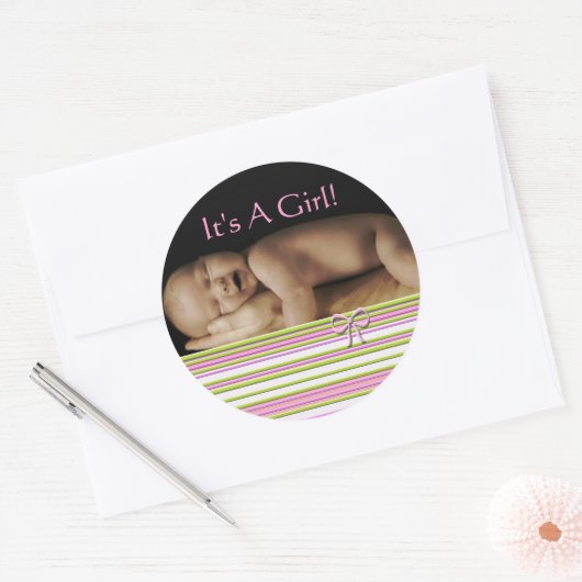 あなたのベビー写真とベビーガールのシール ラウンドシール (封筒)