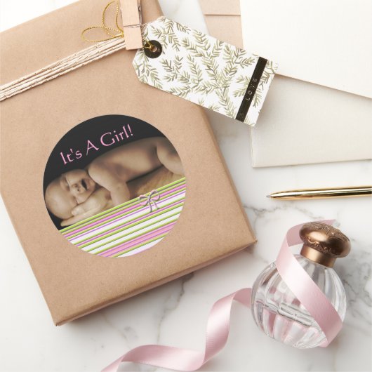 あなたのベビー写真とベビーガールのシール ラウンドシール (ギフト)