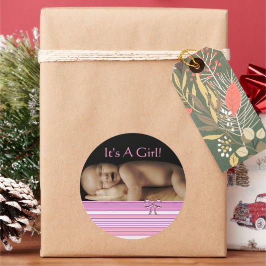 あなたのベビー写真とベビーガールのシール ラウンドシール (クリスマス)