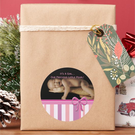 あなたのベビー写真とベビーガールのシール ラウンドシール (クリスマス)