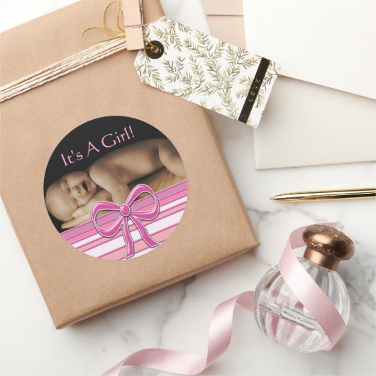あなたのベビー写真とベビーガールのシール ラウンドシール (ギフト)
