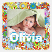 あなたのベビー写真カラフルフローラルパターン スクエアシール (正面)