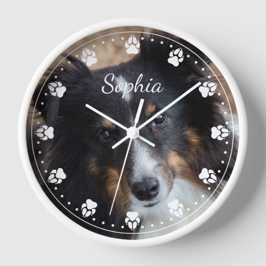 あなたのペットの写真と文字と任意の色の前時計の顔 壁時計 (正面)