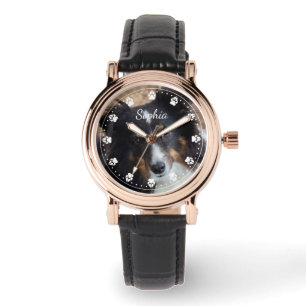 あなたのペットの写真と文字と任意の色の前時計の顔 腕時計