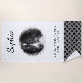 あなたのペットの写真と黒い手の上のグレーとカスタム文字 ビーチタオル (正面)