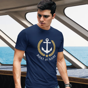 あなたのボートまたは名前いかり金ゴールドスタイルローレルネイビー Tシャツ