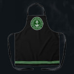 あなたのボートまたは名前航海のいかりスターズグリーン エプロン<br><div class="desc">名前スタイリッシュや船の名パーソナライズされた前、または他の希望する文字やタイトルをテーマにしたエプロン。星とカスタム森の緑と白い航海のいかりと黒の上に白いストライプロープを設計。エプロンカスタマイズとストラップの色を簡単に現在の装飾に合わせる。調理師、焼き付け、BBQのスタイル。任意の素晴らし大事な行事のギフトと会話のピースを作成。</div>