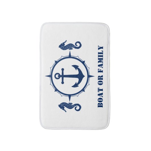 あなたのボートまたは家族の名前シーホースいかりホワイト バスマット (正面縦)