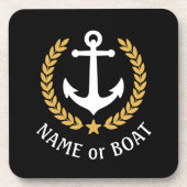 あなたのボート名いかりエレガント金ゴールドローレルブラック コースター (正面)
