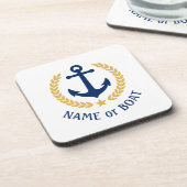 あなたのボート名いかりエレガント金ゴールドローレルホワイト コースター (左側)