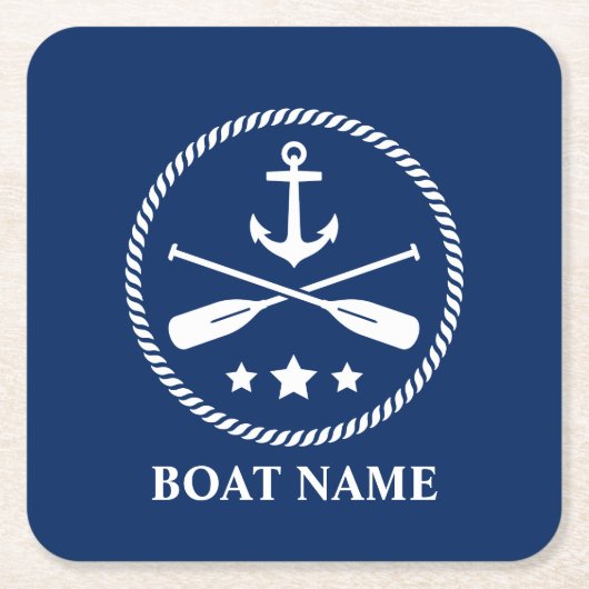 あなたのボート名いかりオール&スターズネイビーブルー スクエアペーパーコースター (正面)