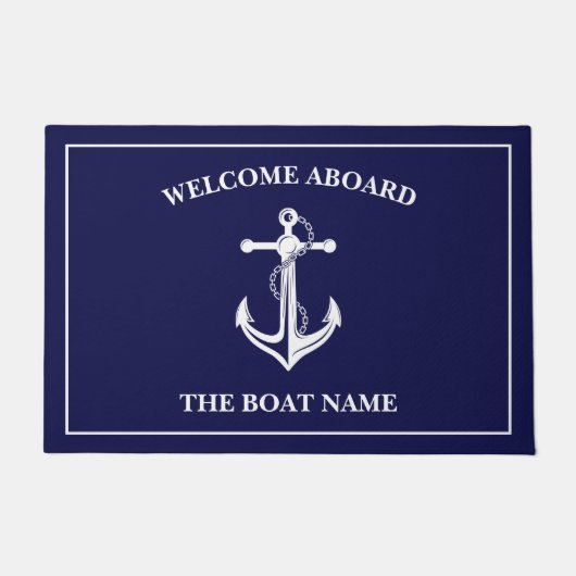 あなたのボート名いかりブルーウェルカムクオンボードDoormat ドアマット (正面)