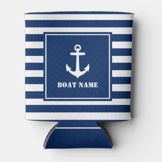 あなたのボート名いかりブルーストライプの 缶クーラー (正面)