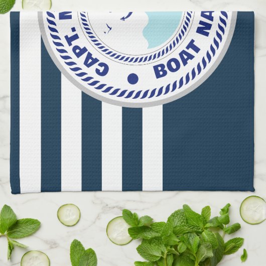 あなたのボート名いかりブルーホワイト キッチンタオル (折り畳み)