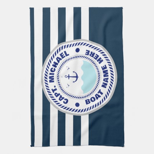 あなたのボート名いかりブルーホワイト キッチンタオル (縦)
