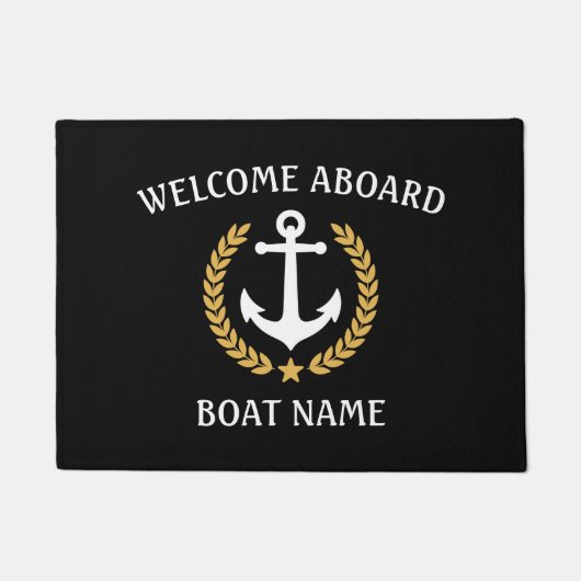 あなたのボート名いかりローレルウェルカムアボードブラック ドアマット (正面)