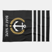 あなたのボート名いかり金ゴールドスタイルローレルブラック キッチンタオル (横)