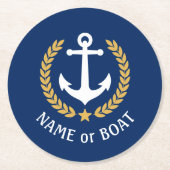 あなたのボート名いかり金ゴールドローレルスターブルー ラウンドペーパーコースター (正面)