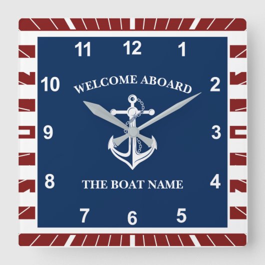 あなたのボート名いかり スクエア壁時計 (正面)